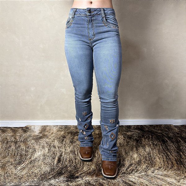 Calça Jeans Feminina Texas Farm Country Bordada Flare Agro