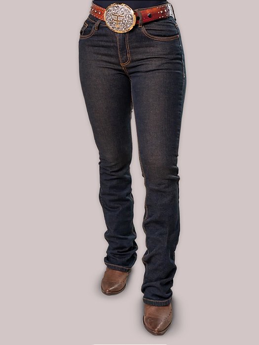 Calça Jeans Feminina Texas Farm Barra Larga Preta Bordada
