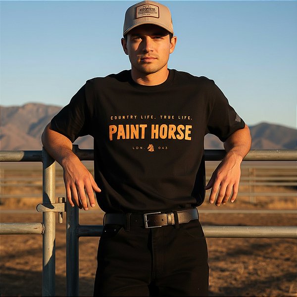 Camiseta Masculina Preta Country Manga Curta Paint Horse