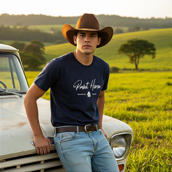 Camiseta Masculina Azul Marinho Manga Curta Country Algodão