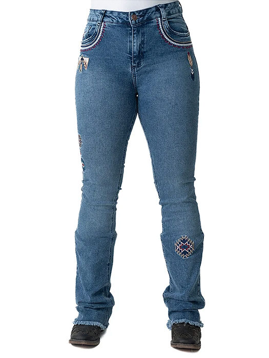 Calça Jeans Feminina Texas Farm Flare Barra Larga Country