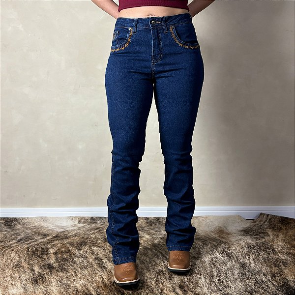 Calça Jeans Feminina Bordada American Country Flare Rodeio