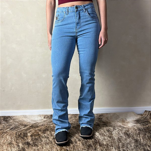 Calça Jeans Feminina American Country Flare Barra Desfiada