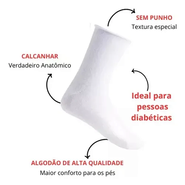 MEIA SEM PUNHO ALGODÃO ESPORTE SAÚDE DIABETES RIKAM BRANCO