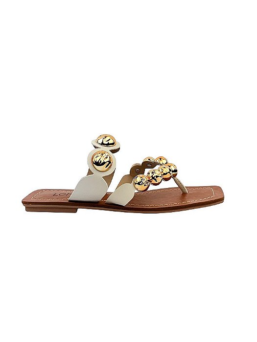 Niva - Tamanco Feminino Flat Rasteiro Tiras Dedo com Metais Ouro Off White