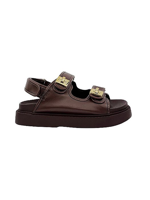 |PRÉ-VENDA|  Vivi - Sandália Papete Feminina Tiras Velcro com Metal Ouro Marrom