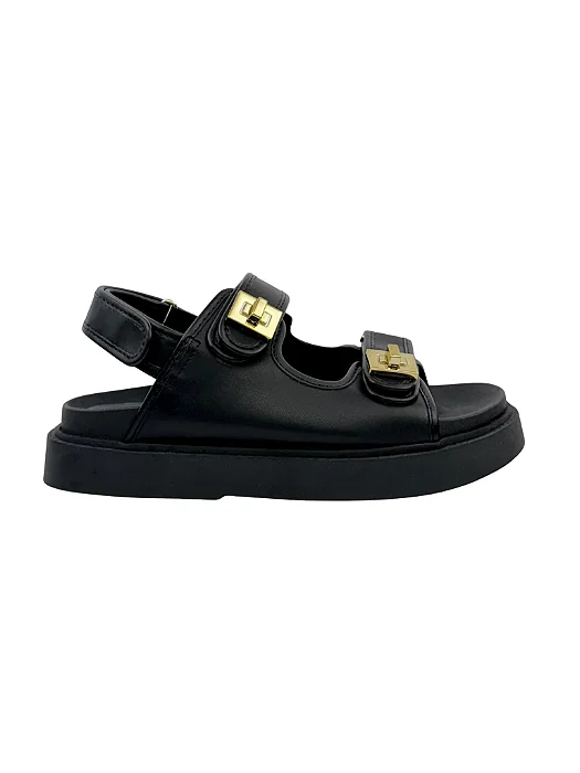 Vivi - Sandália Papete Feminina Tiras Velcro com Metal Ouro Preto