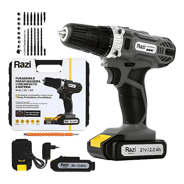 Furadeira e Parafusadeira com Impacto 21V Bateria RZ-FPBI21/1 - Razi