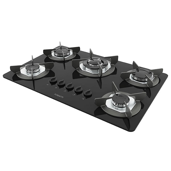 Cooktop Safe 5 Bocas TC Fogatti Preto Vidro 6mm Temperado GLP com Ferro Fundido Bivolt