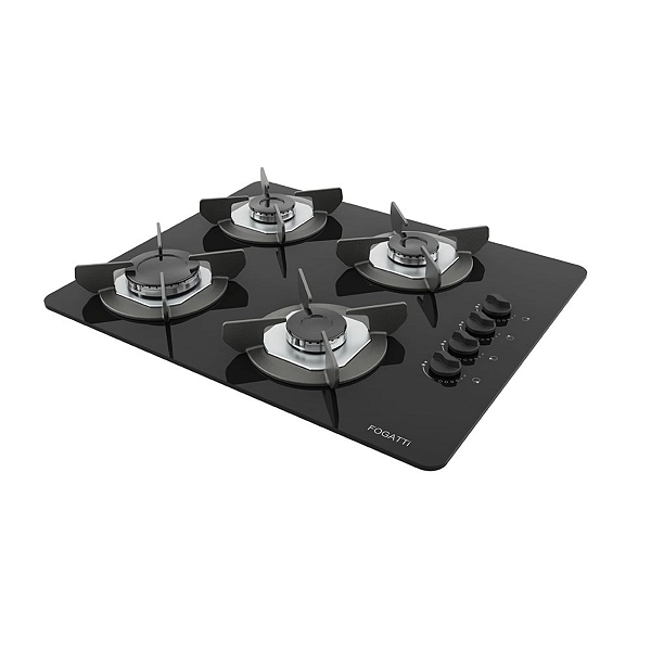 Cooktop Safe 4 Bocas Fogatti Preto Vidro 6mm Temperado GLP com Ferro Fundido Bivolt