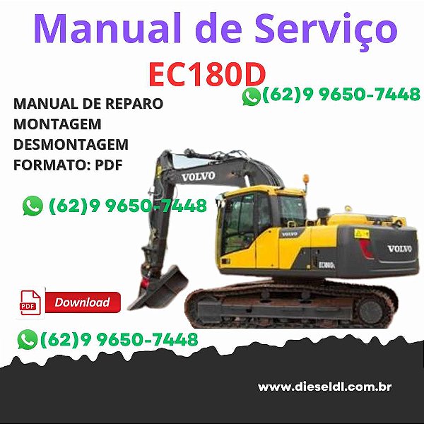 Manual de Serviço Oficina completo Volvo EC180D, EC180DL – Escavadeira Hidráulica