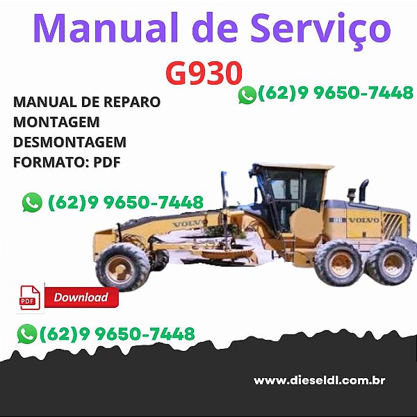 Manual Serviço de Oficina Completo Volvo G930 – Motoniveladora