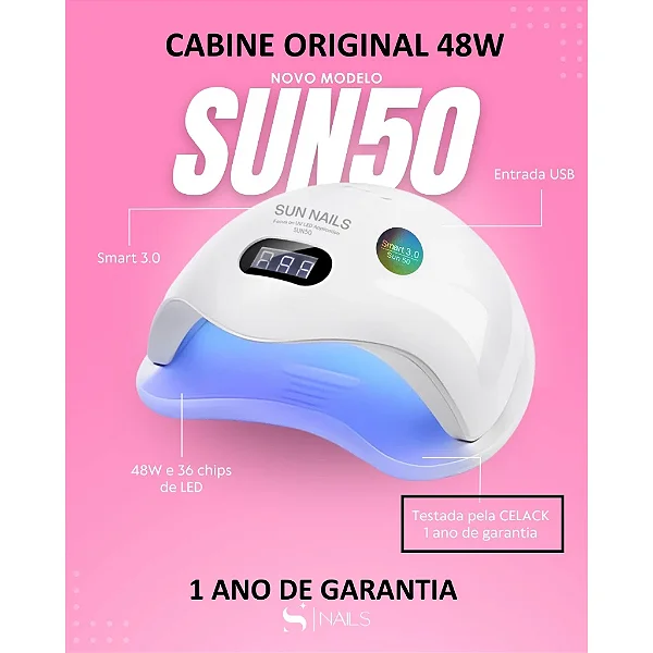 CABINE ORIGINAL SUN NAILS - SUN50 - Smart 3.0 - 48w - Bivolt 36 Leds - 1 Ano de Garantia