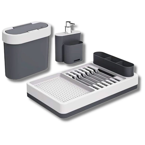 Kit Organizador Pia 3 Peças Lixeira Escorredor E Dispenser Cinza - Coza