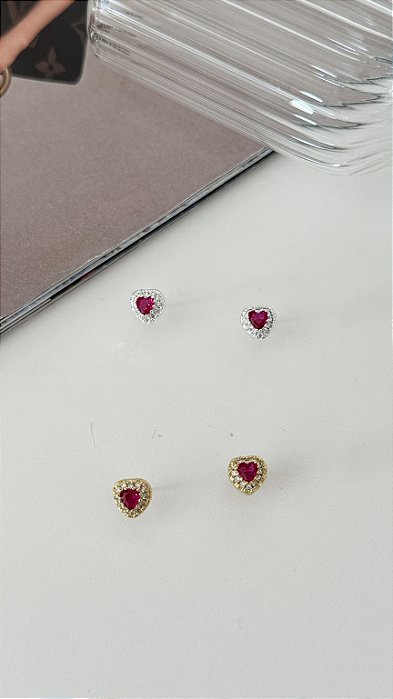 Brinco de coração em zircônia pink