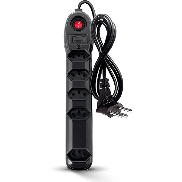 Filtro de linha com 5 tomadas, Bivolt, Preto, Megatron