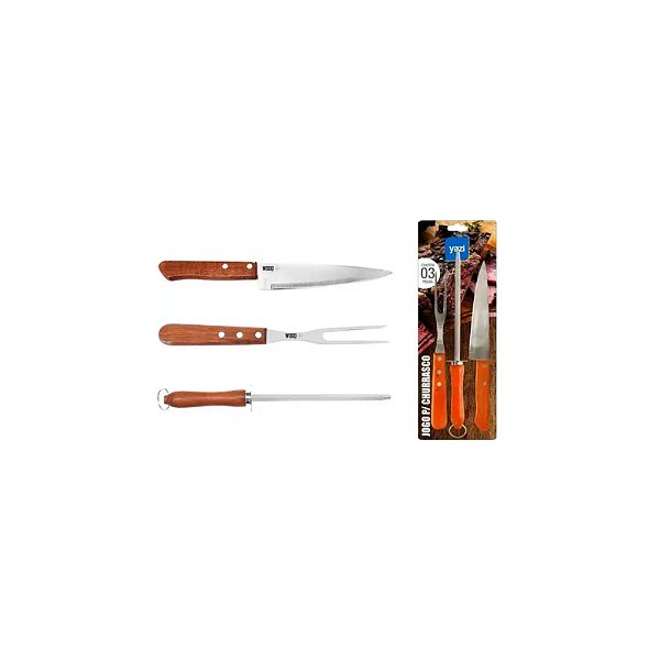 Jogo p/churrasco inox 3 peças Premium Wood - Yazi