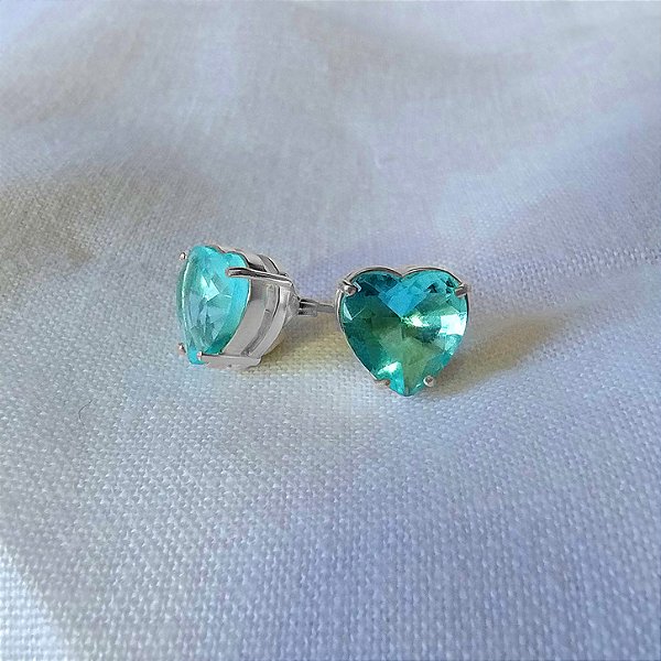 Brinco Coração Pedra Azul Claro - Prata