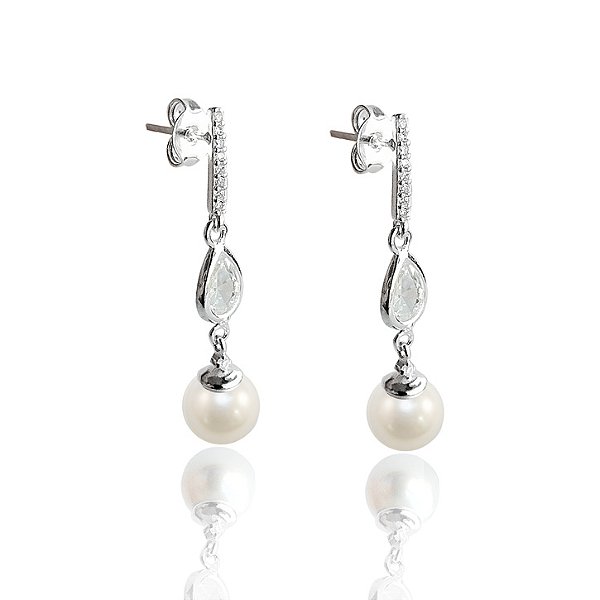 Brinco Pendente Com Cristais e Pérola - Prata