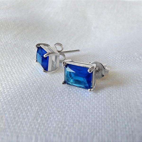Brinco Solitário Azul Retangular - Prata