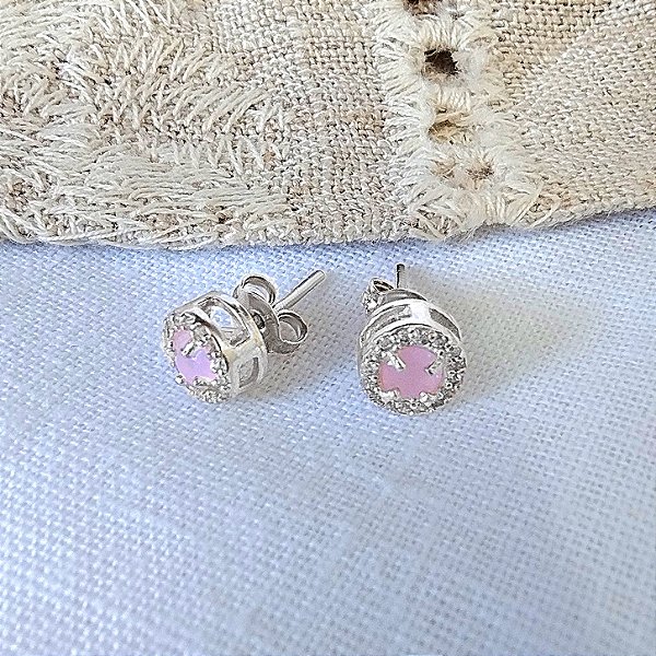 Brinco Pedra Rosa e Zircônias - Semijoia