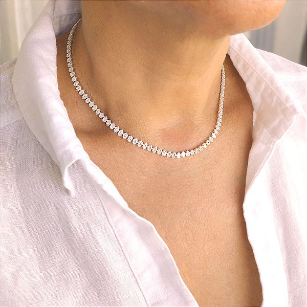 Conjunto Choker e Pulseira Riviera Navete Ouro Branco - 32cm - Semijoia