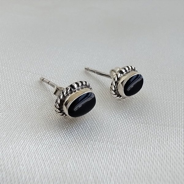 Brinco Pedra Natural Oval Cor Ônix - Prata