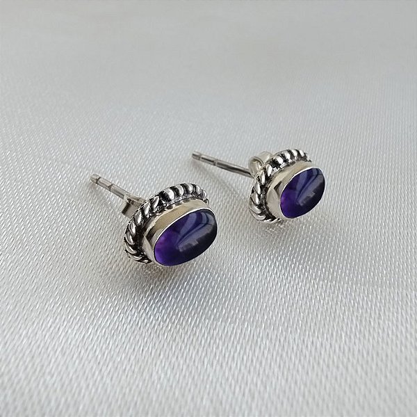 Brinco Pedra Natural Oval Cor Ametista - Prata