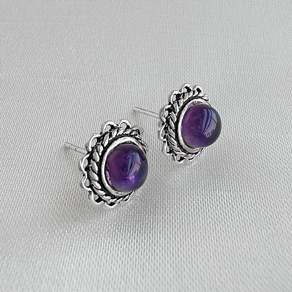 Brinco Pedra Natural Cor Ametista - Prata