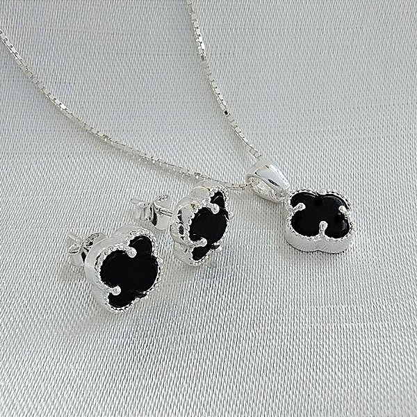 Conjunto Colar Brinco Pingente Trevo - 40cm - Prata