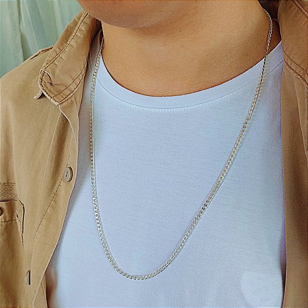 Colar Masculino Groumet Fino Longo - 3mm 70cm - Prata