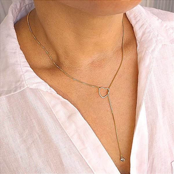 Colar Veneziana Gravata Coração Cristal - 70cm - Semijoia