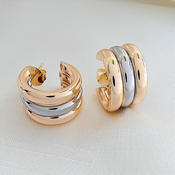 Brinco Argola Tripla Bicolor 20mm - Semijoia