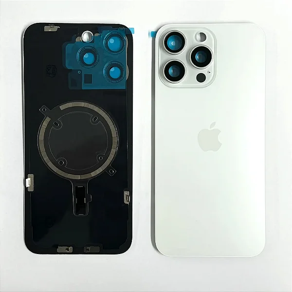 TAMPA VIDRO TRASEIRO APPLE IPHONE 15 PRO MAX COMPLETA TITÂNIO BRANCO