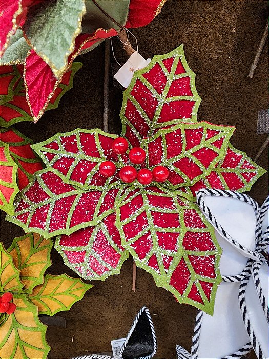 Flor De Natal Poinsetia Vermelha com Verde Nevada 30x20x20cm