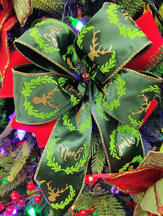 Fitas para Laços Verde e Dourado com Renas