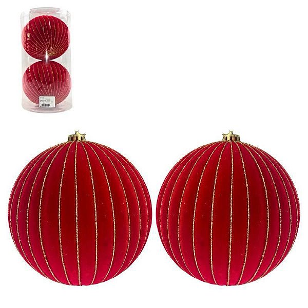 KIT BOLA NATALINA VERMELHA DECORADA - 15CM - 2 UNIDADES - VELUDO