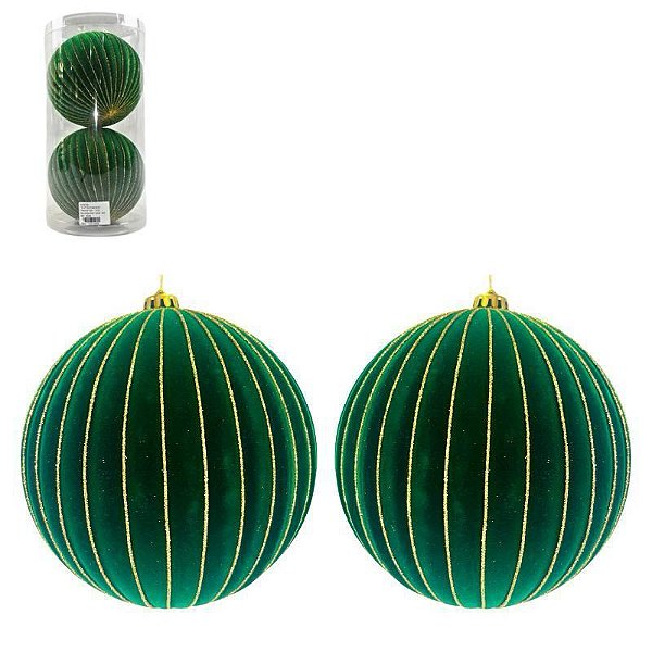 KIT BOLA NATALINA VERDE DECORADA - 15CM - 2 UNIDADES - VELUDO