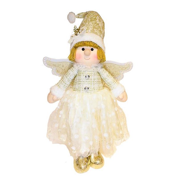 BONECO NATALINO 85CM - ANJO - BRANCO E DOURADO