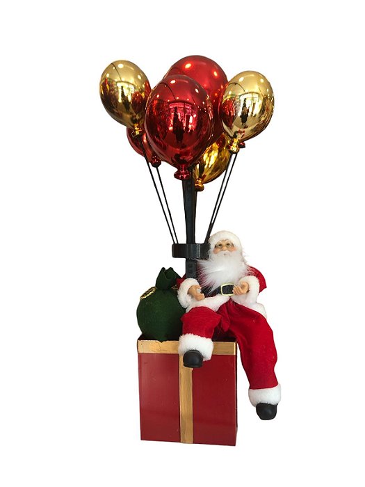 PAPAI NOEL NA CAIXA C/ BALÕES VERMELHO E OURO 1,10CM