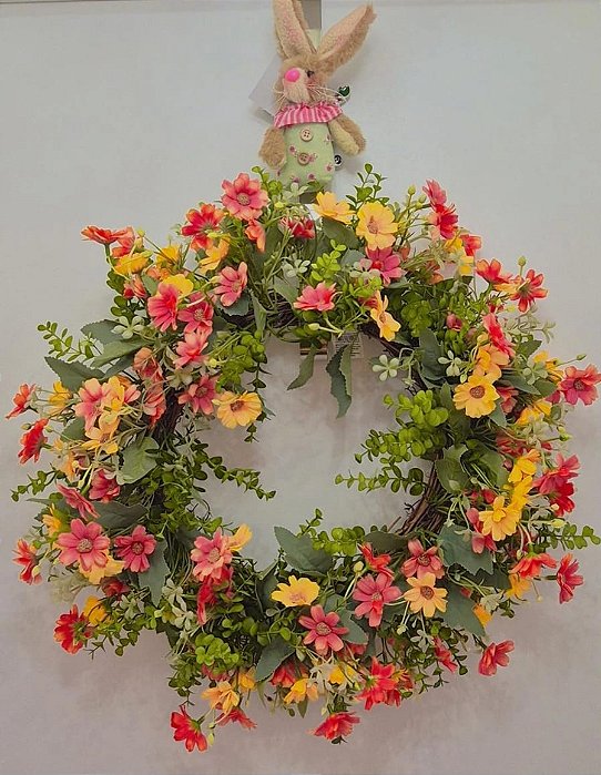 Guirlanda de Páscoa com Flores amarela e vermelha 40x40cm