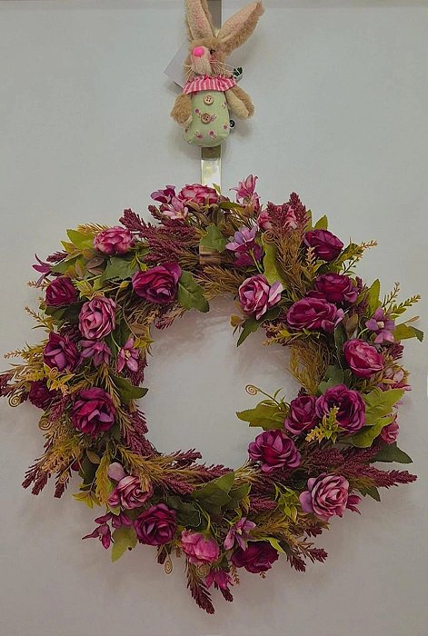 Guirlanda de Páscoa com Flores cor Vinho 40x40cm