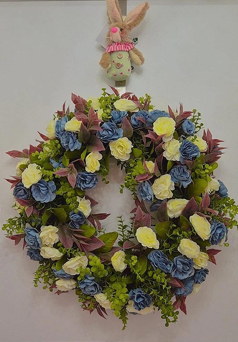 Guirlanda de Páscoa com Flores Azuis e amarelo 40x40cm