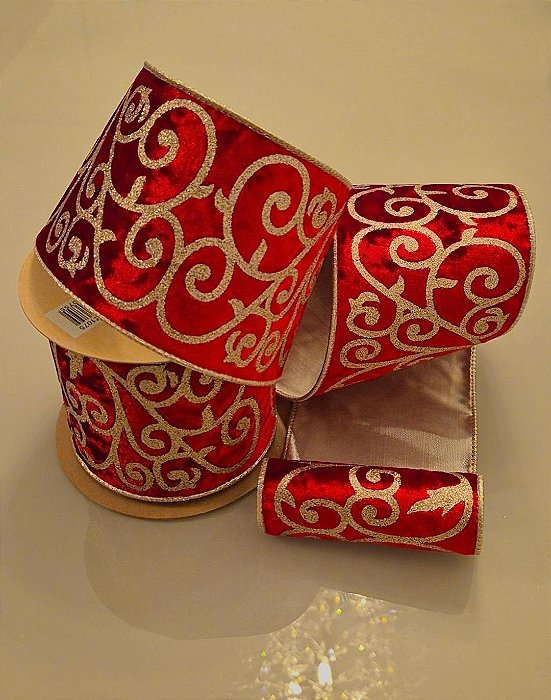 Fita Vermelha com dourada Veludo 10M por 10cm largura