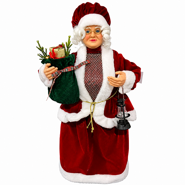 Mamãe Noel em Pé com Roupa Tradicional com Lanterna e Presente na Mão