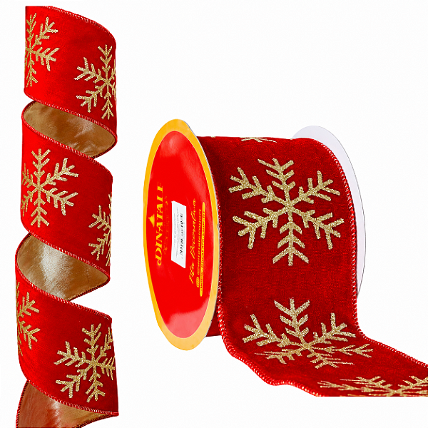 FITA - ARAMADA - 9CM - 9,14M VERMELHA E DOURADA - FLOCO DE NEVE