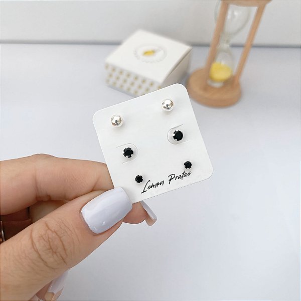 Brinco Trio 3, 4mm Ônix e Bolinha 5mm