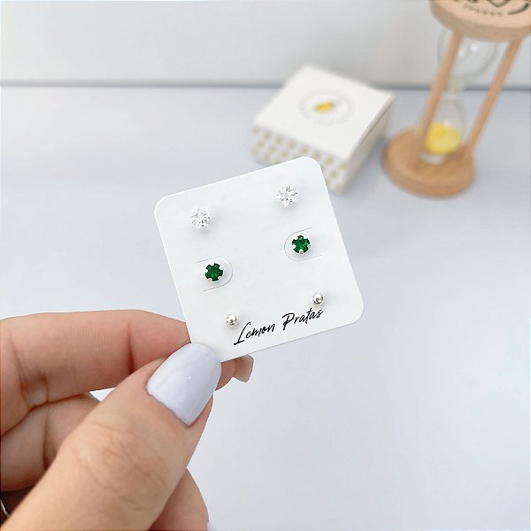 Brinco Trio 3mm bolinha, 4mm Esmeralda e Estrela 5mm