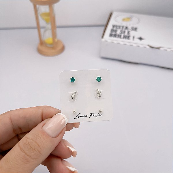 Brinco Trio Ramo com bolinha turmalina