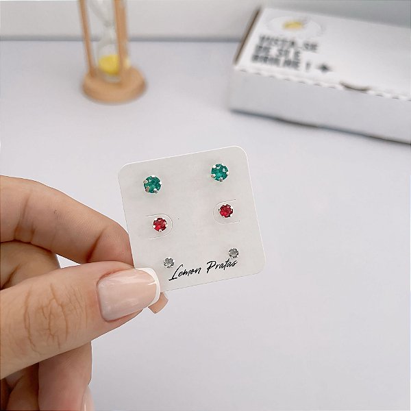 Brinco Trio 3mm lilás, 4mm vermelho e 5mm turmalina